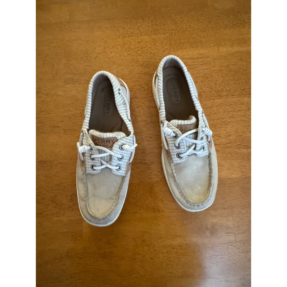 Sperry Top-Sider Boat Shoes Cream Tan Seersucker Memory Foam Loafers Size 5.5